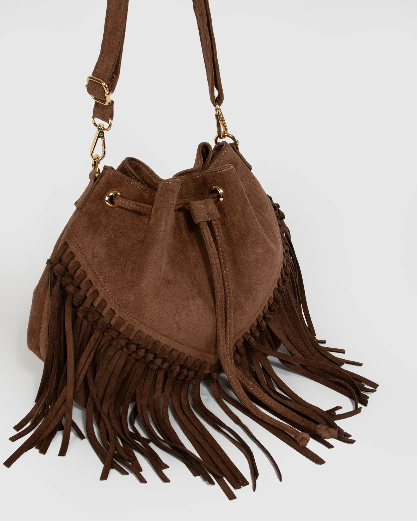 Chocolate Giselle Fringe Bucket Bag - Image 3