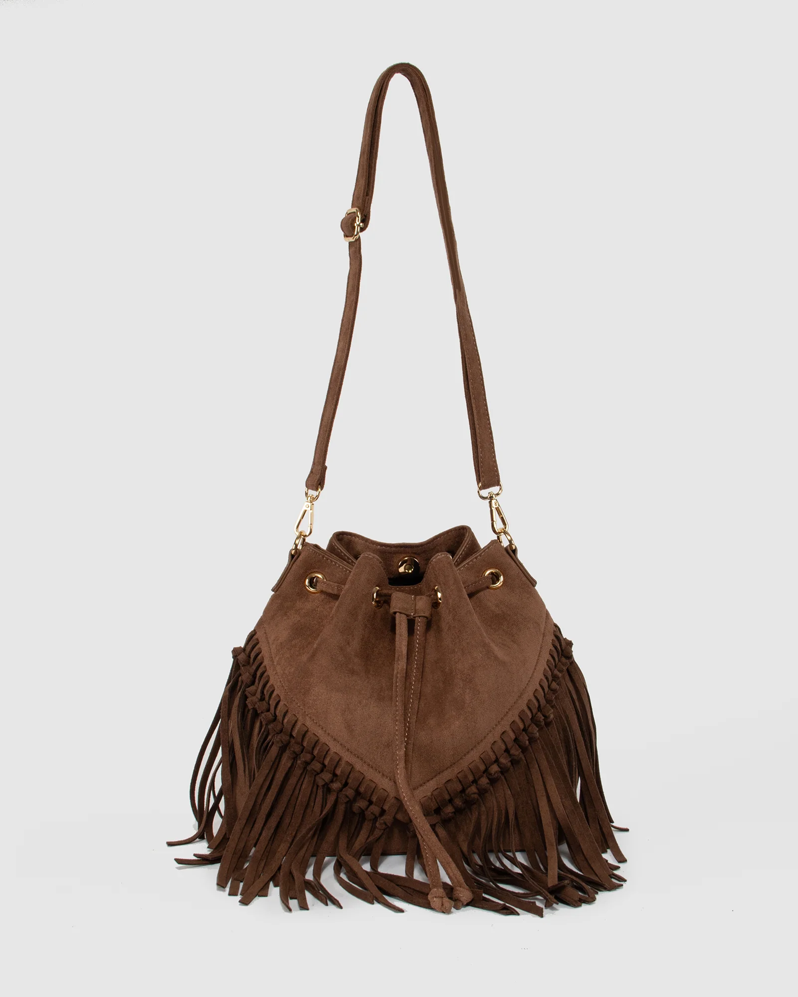 Chocolate Giselle Fringe Bucket Bag - Image 4