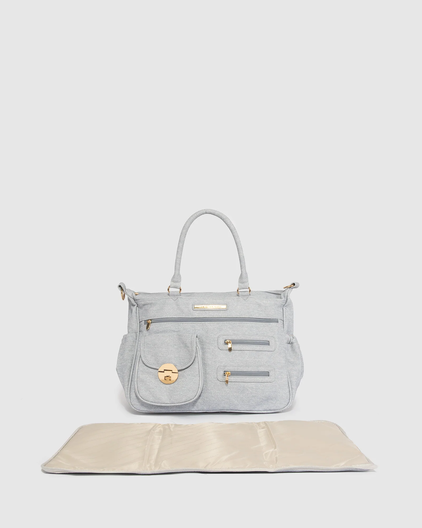 Blue Pocket And Zip Baby Bag With Gold Hardware - Image 3