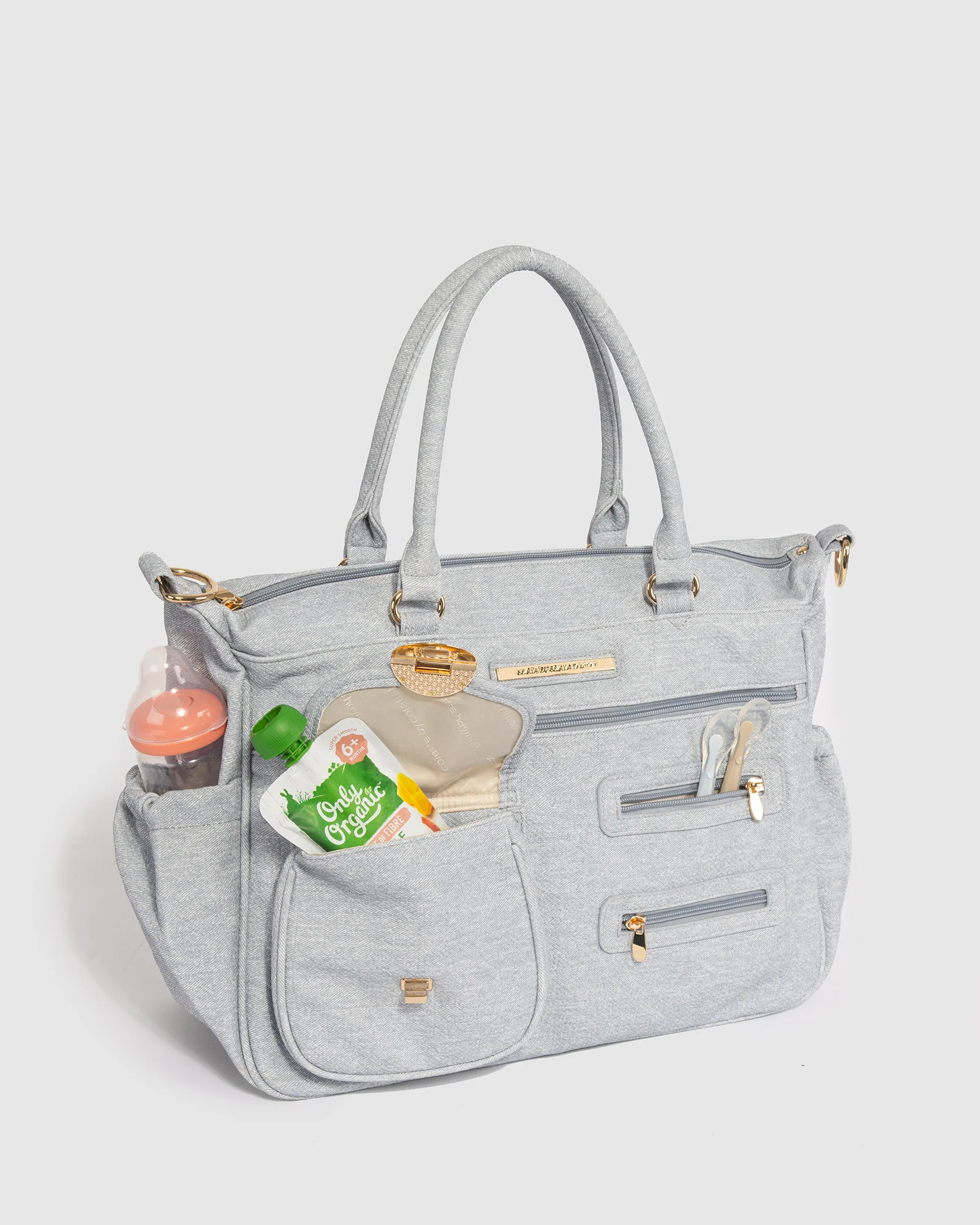 Blue Pocket And Zip Baby Bag With Gold Hardware - Image 4