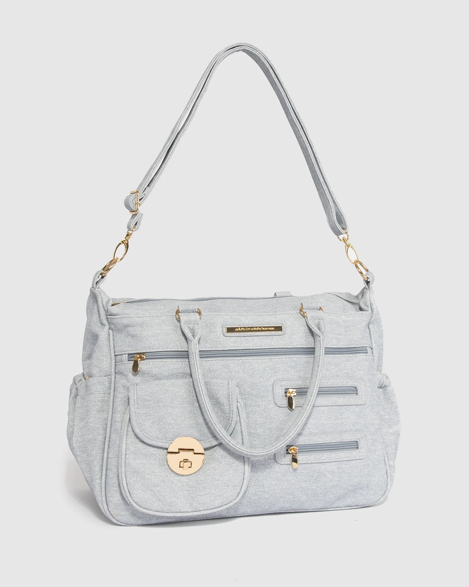 Blue Pocket And Zip Baby Bag With Gold Hardware - Image 5
