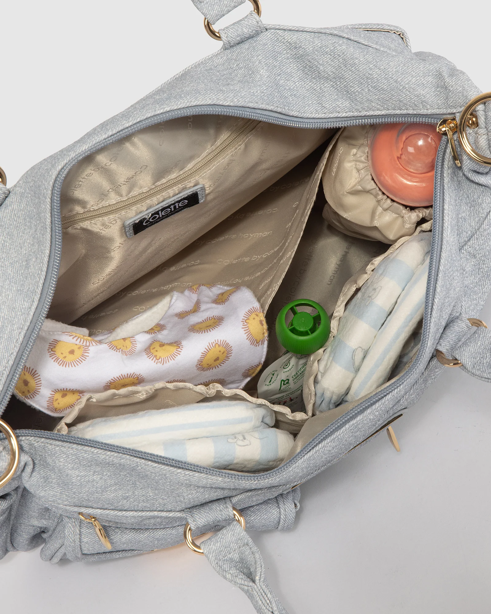 Blue Pocket And Zip Baby Bag With Gold Hardware - Image 9